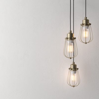 Three vintage lamps hanging from the ceiling with wall 3 D renderind